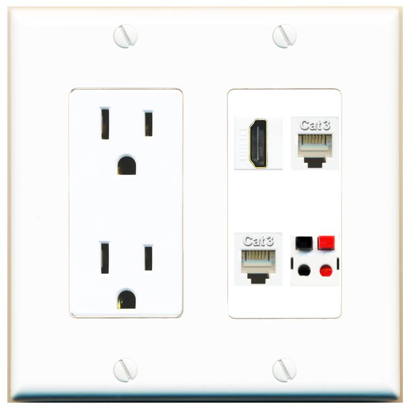 RiteAV HDMI 2 PHONE SPEAKER Wall Plate with 15A Power Outlet [White]