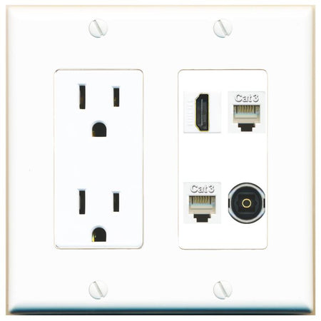 RiteAV HDMI 2 PHONE TOSLINK Wall Plate with 15A Power Outlet [White]