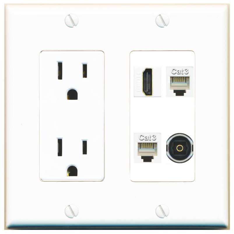 RiteAV HDMI 2 PHONE TOSLINK Wall Plate with 15A Power Outlet [White]