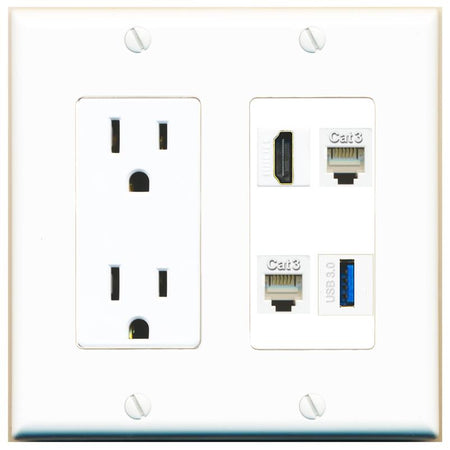 RiteAV HDMI 2 PHONE USB-3 Wall Plate with 15A Power Outlet [White]