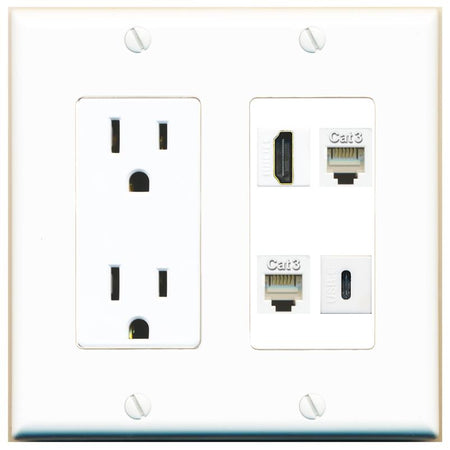 RiteAV HDMI 2 PHONE USBC Wall Plate with 15A Power Outlet [White]