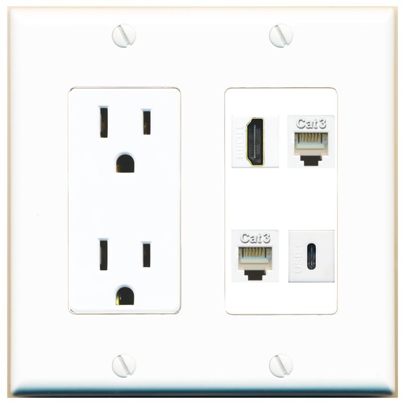 RiteAV HDMI 2 PHONE USBC Wall Plate with 15A Power Outlet [White]