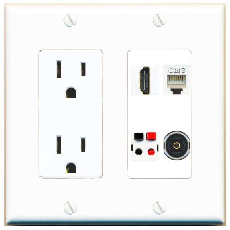 RiteAV HDMI PHONE SPEAKER TOSLINK Wall Plate with 15A Power Outlet [White]