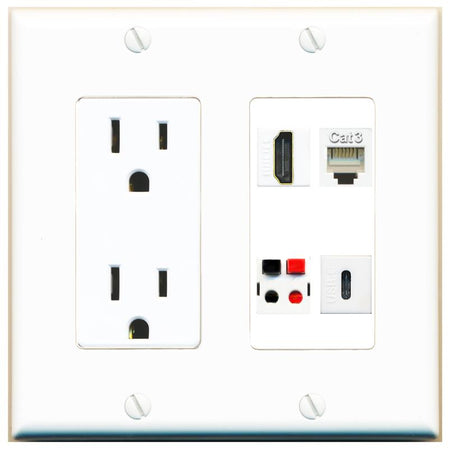 RiteAV HDMI PHONE SPEAKER USBC Wall Plate with 15A Power Outlet [White]
