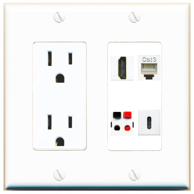 RiteAV HDMI PHONE SPEAKER USBC Wall Plate with 15A Power Outlet [White]