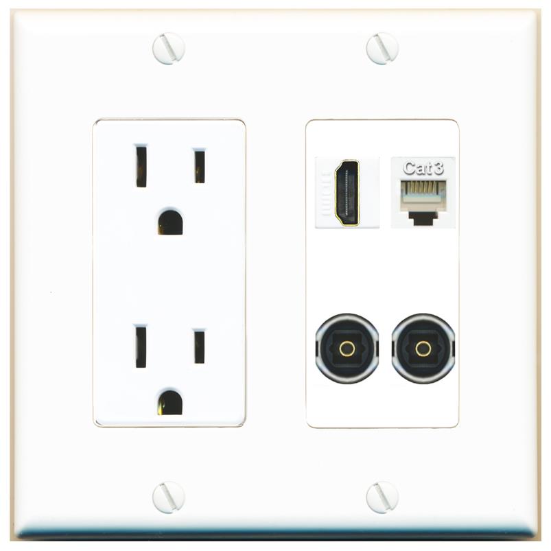 RiteAV HDMI PHONE 2 TOSLINK Wall Plate with 15A Power Outlet [White]