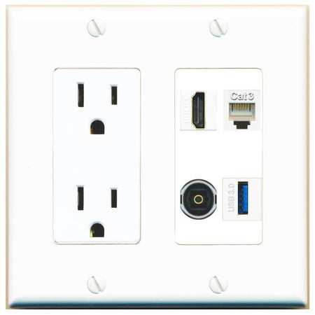 RiteAV HDMI PHONE TOSLINK USB-3 Wall Plate with 15A Power Outlet [White]