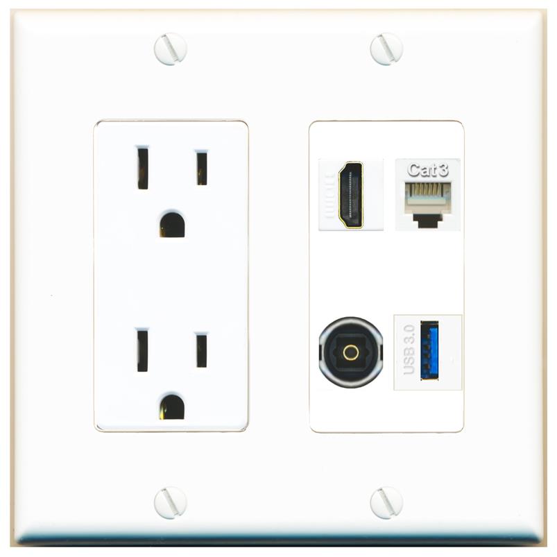 RiteAV HDMI PHONE TOSLINK USB-3 Wall Plate with 15A Power Outlet [White]