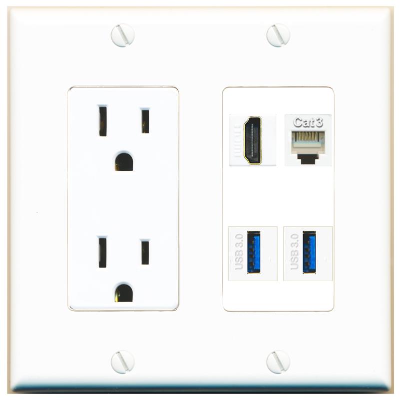 RiteAV HDMI PHONE 2 USB-3 Wall Plate with 15A Power Outlet [White]