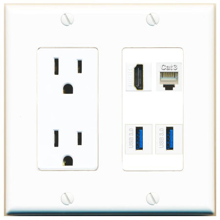 RiteAV HDMI PHONE 2 USB-3 Wall Plate with 15A Power Outlet [White]