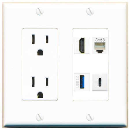 RiteAV HDMI PHONE USB-3 USBC Wall Plate with 15A Power Outlet [White]