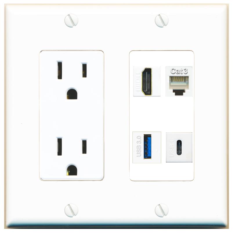 RiteAV HDMI PHONE USB-3 USBC Wall Plate with 15A Power Outlet [White]