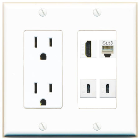RiteAV HDMI PHONE 2 USBC Wall Plate with 15A Power Outlet [White]