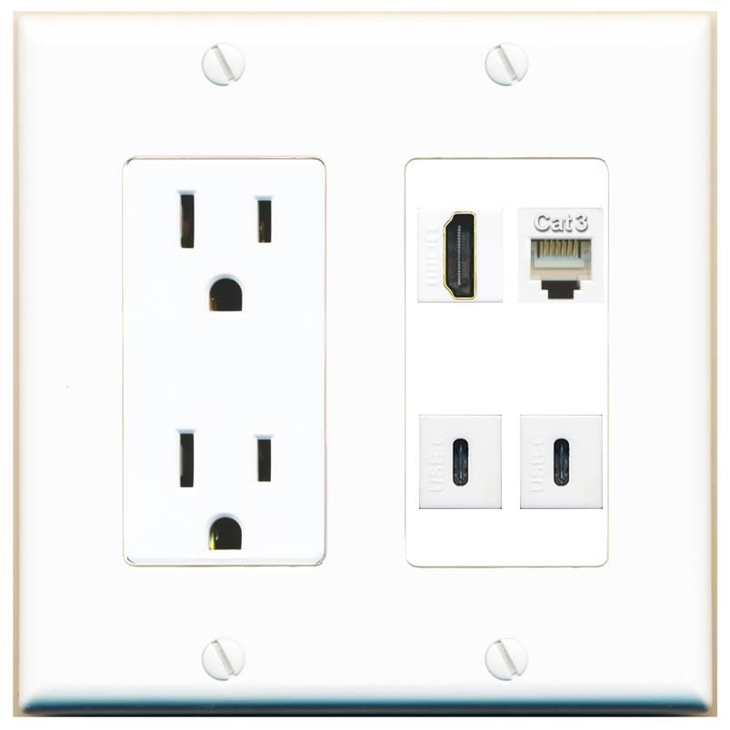 RiteAV HDMI PHONE 2 USBC Wall Plate with 15A Power Outlet [White]