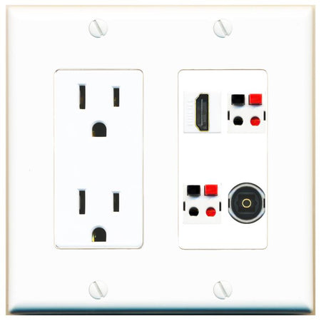 RiteAV HDMI 2 SPEAKER TOSLINK Wall Plate with 15A Power Outlet [White]
