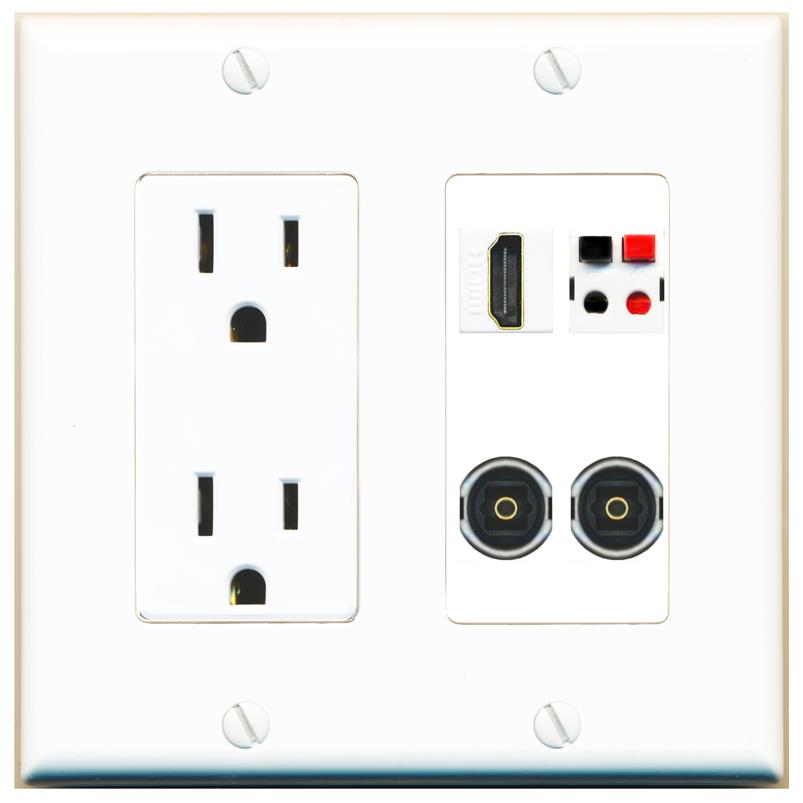 RiteAV HDMI SPEAKER 2 TOSLINK Wall Plate with 15A Power Outlet [White]