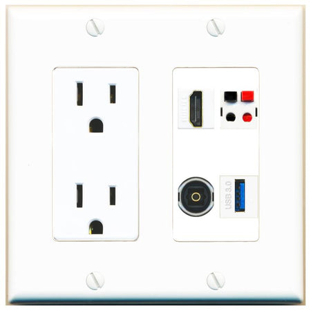 RiteAV HDMI SPEAKER TOSLINK USB-3 Wall Plate with 15A Power Outlet [White]