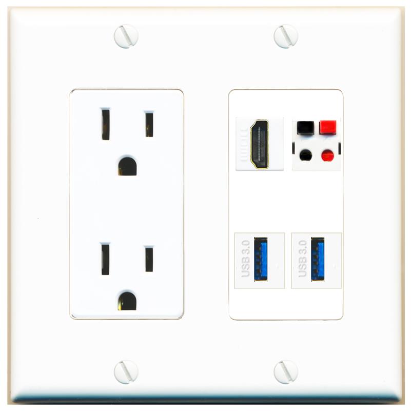 RiteAV HDMI SPEAKER 2 USB-3 Wall Plate with 15A Power Outlet [White]