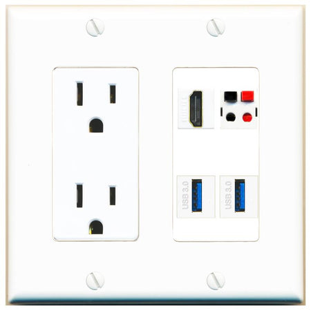 RiteAV HDMI SPEAKER 2 USB-3 Wall Plate with 15A Power Outlet [White]