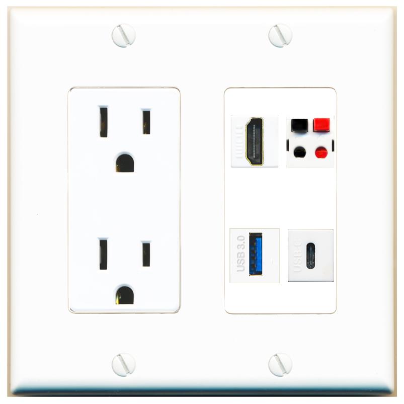 RiteAV HDMI SPEAKER USB-3 USBC Wall Plate with 15A Power Outlet [White]