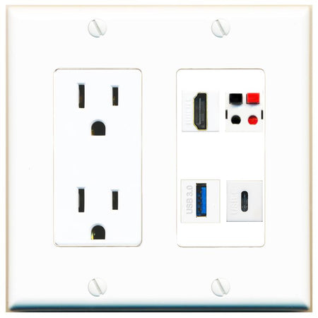 RiteAV HDMI SPEAKER USB-3 USBC Wall Plate with 15A Power Outlet [White]