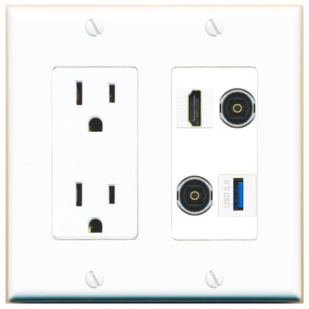 RiteAV HDMI 2 TOSLINK USB-3 Wall Plate with 15A Power Outlet [White]