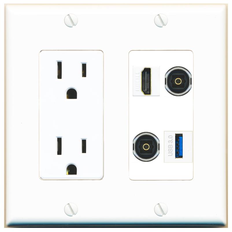 RiteAV HDMI 2 TOSLINK USB-3 Wall Plate with 15A Power Outlet [White]