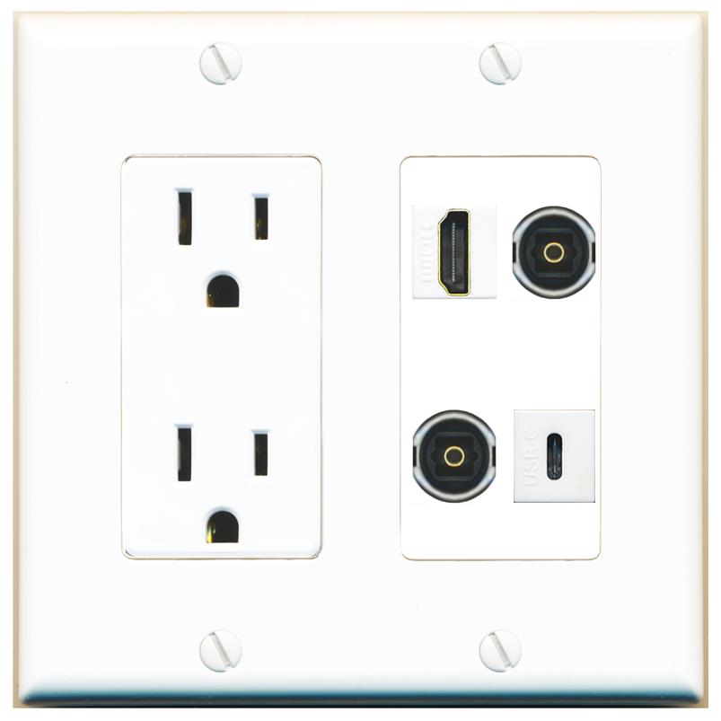 RiteAV HDMI 2 TOSLINK USBC Wall Plate with 15A Power Outlet [White]