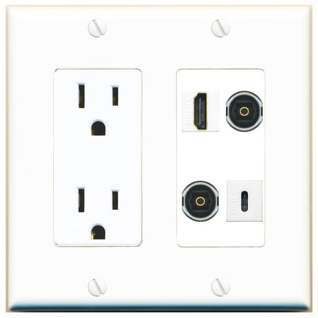 RiteAV HDMI 2 TOSLINK USBC Wall Plate with 15A Power Outlet [White]
