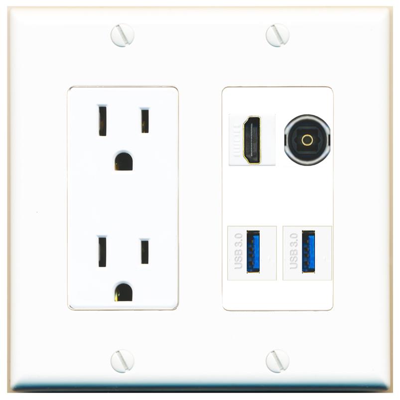 RiteAV HDMI TOSLINK 2 USB-3 Wall Plate with 15A Power Outlet [White]