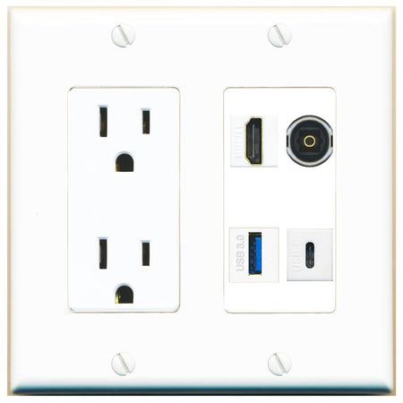 RiteAV HDMI TOSLINK USB-3 USBC Wall Plate with 15A Power Outlet [White]
