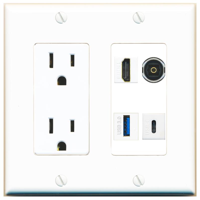 RiteAV HDMI TOSLINK USB-3 USBC Wall Plate with 15A Power Outlet [White]