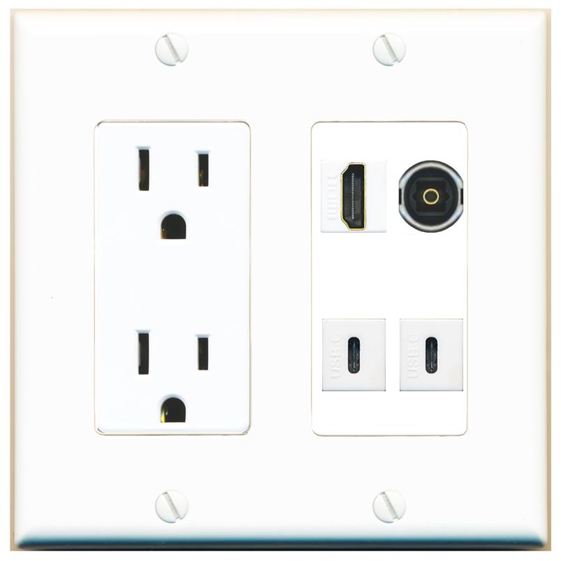 RiteAV HDMI TOSLINK 2 USBC Wall Plate with 15A Power Outlet [White]