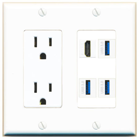 RiteAV HDMI 3 USB-3 Wall Plate with 15A Power Outlet [White]