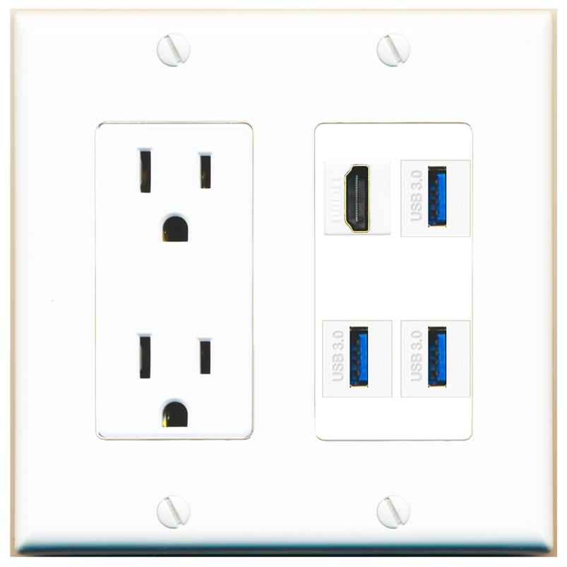 RiteAV HDMI 3 USB-3 Wall Plate with 15A Power Outlet [White]