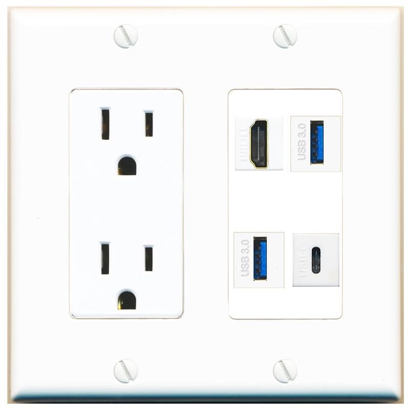 RiteAV HDMI 2 USB-3 USBC Wall Plate with 15A Power Outlet [White]