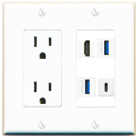 RiteAV HDMI 2 USB-3 USBC Wall Plate with 15A Power Outlet [White]