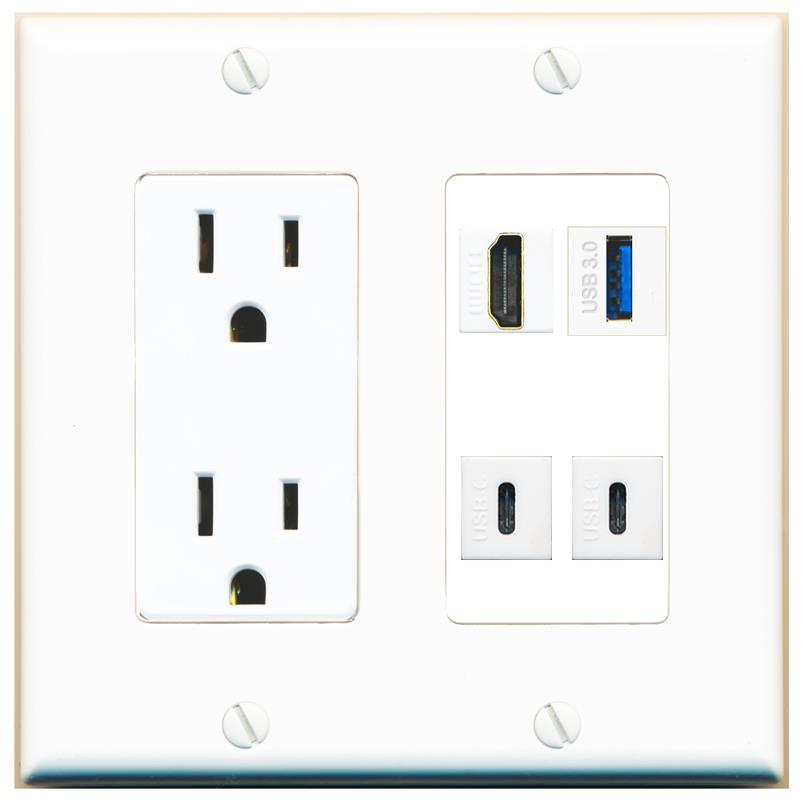 RiteAV HDMI USB-3 2 USBC Wall Plate with 15A Power Outlet [White]