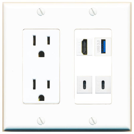 RiteAV HDMI USB-3 2 USBC Wall Plate with 15A Power Outlet [White]