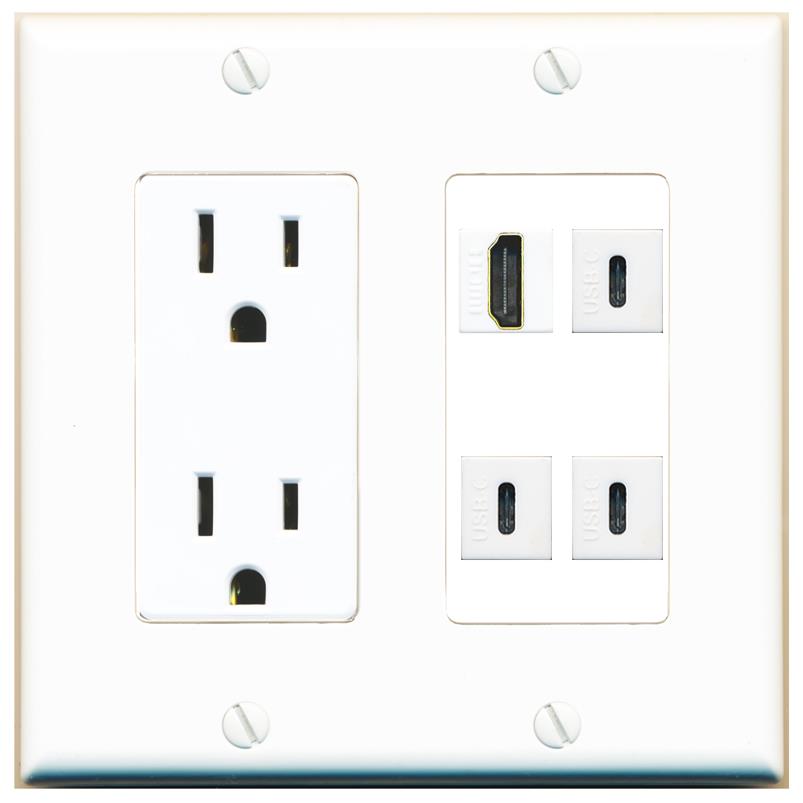 RiteAV HDMI 3 USBC Wall Plate with 15A Power Outlet [White]