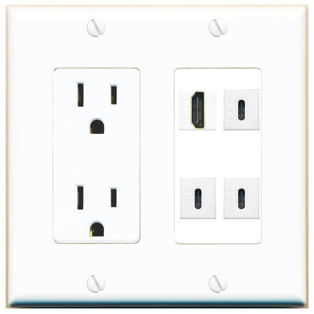 RiteAV HDMI 3 USBC Wall Plate with 15A Power Outlet [White]