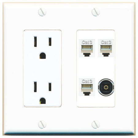 RiteAV 3 PHONE TOSLINK Wall Plate with 15A Power Outlet [White]