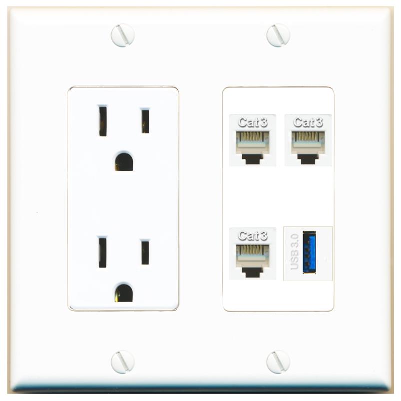 RiteAV 3 PHONE USB-3 Wall Plate with 15A Power Outlet [White]