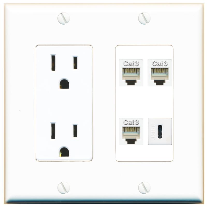 RiteAV 3 PHONE USBC Wall Plate with 15A Power Outlet [White]