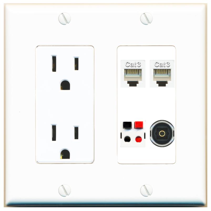 RiteAV 2 PHONE SPEAKER TOSLINK Wall Plate with 15A Power Outlet [White]