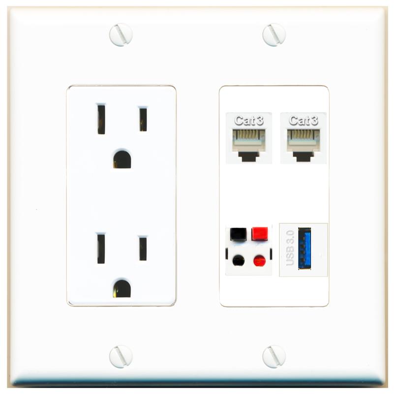 RiteAV 2 PHONE SPEAKER USB-3 Wall Plate with 15A Power Outlet [White]