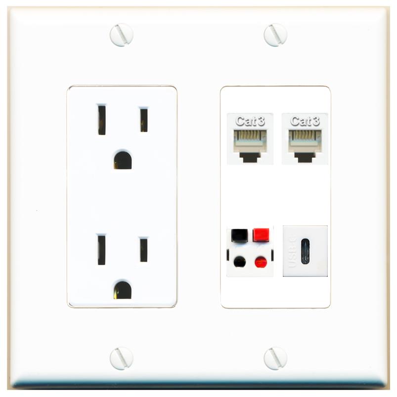 RiteAV 2 PHONE SPEAKER USBC Wall Plate with 15A Power Outlet [White]