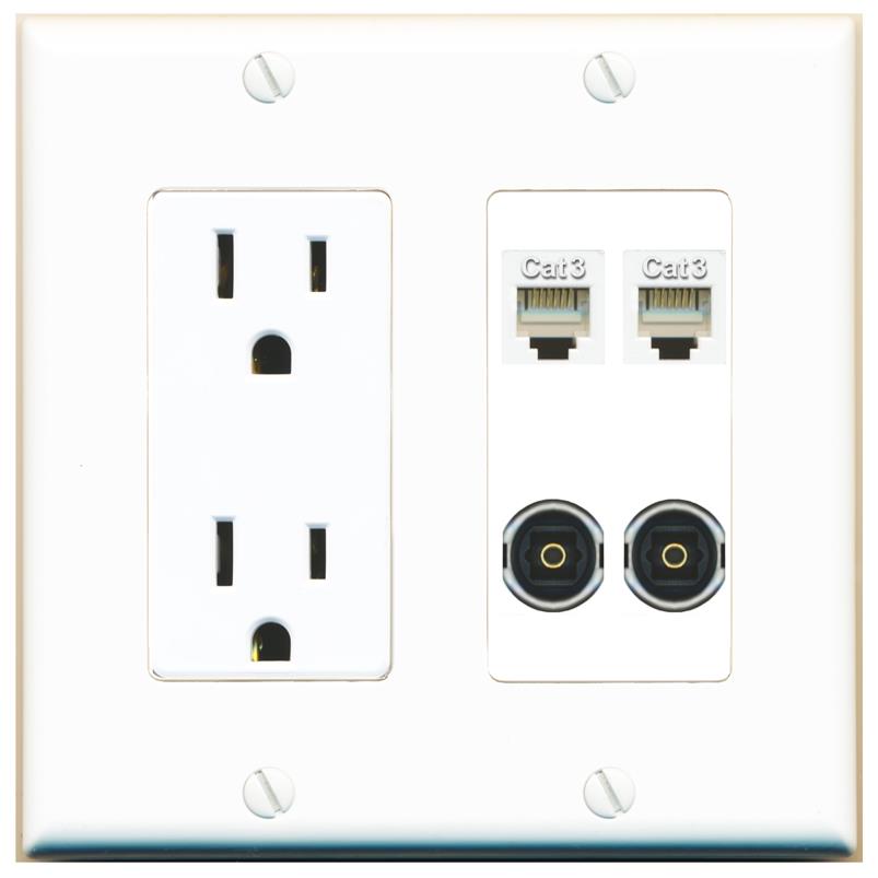 RiteAV 2 PHONE 2 TOSLINK Wall Plate with 15A Power Outlet [White]