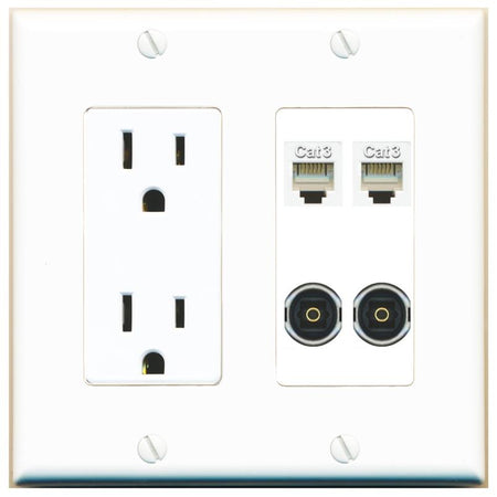 RiteAV 2 PHONE 2 TOSLINK Wall Plate with 15A Power Outlet [White]