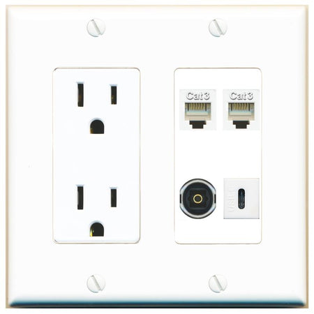 RiteAV 2 PHONE TOSLINK USBC Wall Plate with 15A Power Outlet [White]